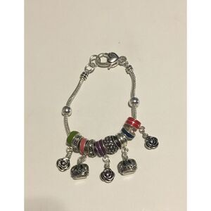 Trendy Silver Rose & Crown Bead Bracelet~kn